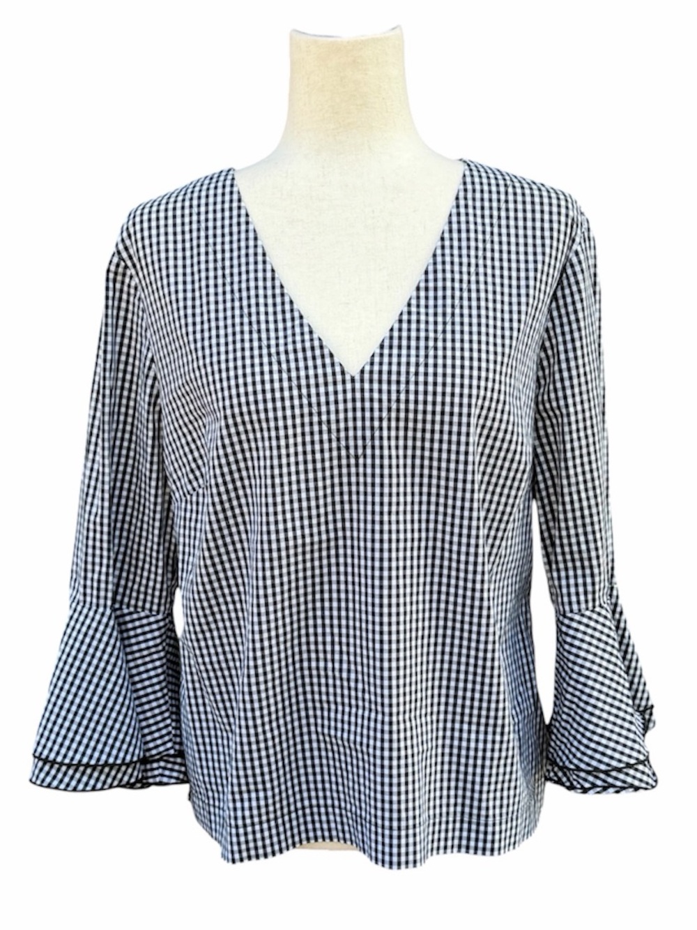 WHBM Gingham V-Neck Bell Sleeve Top Blouse - Black & White 14